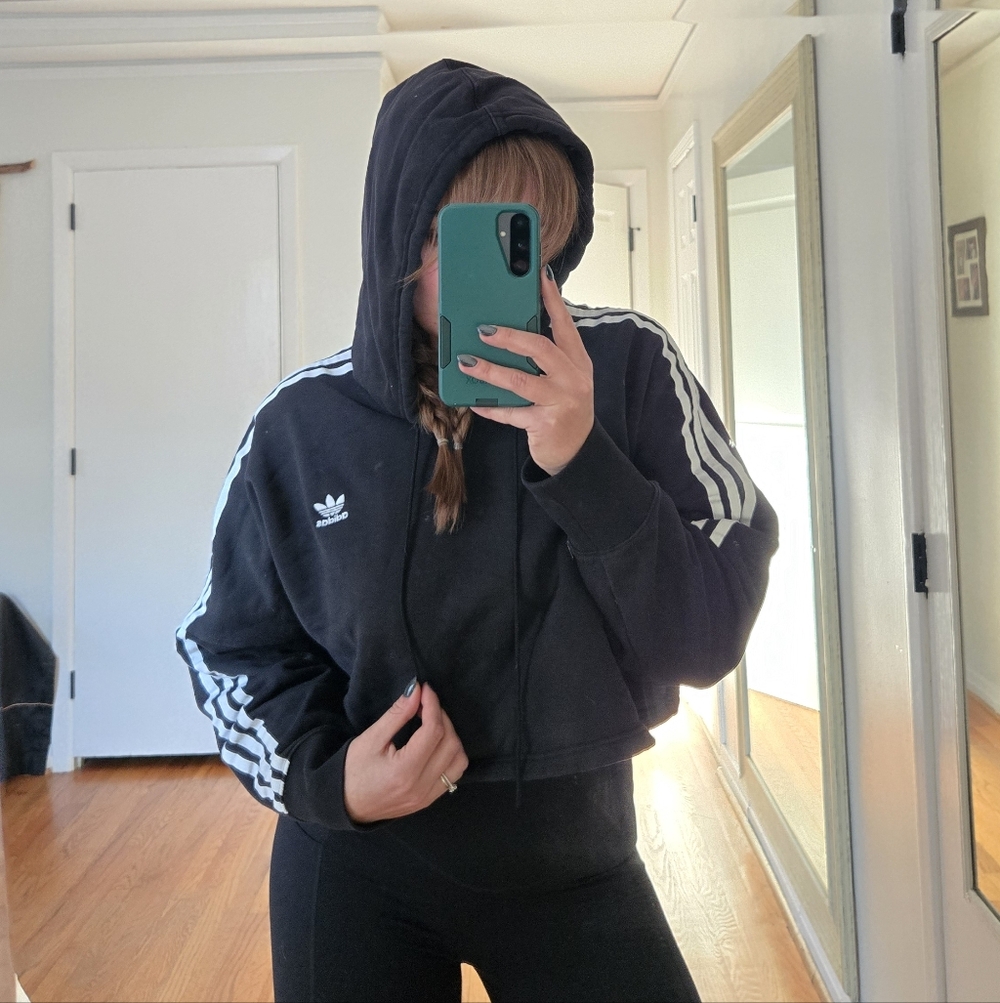 Adidas Black Cropped Hoodie Large